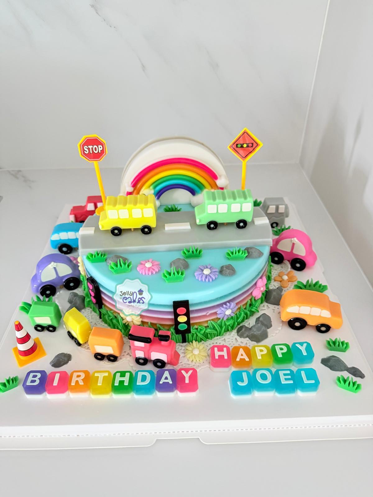 Rainbow with Buses Jelly Birthday Cake