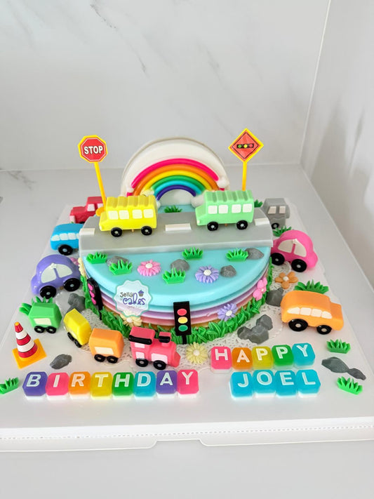 Rainbow with Buses Jelly Birthday Cake